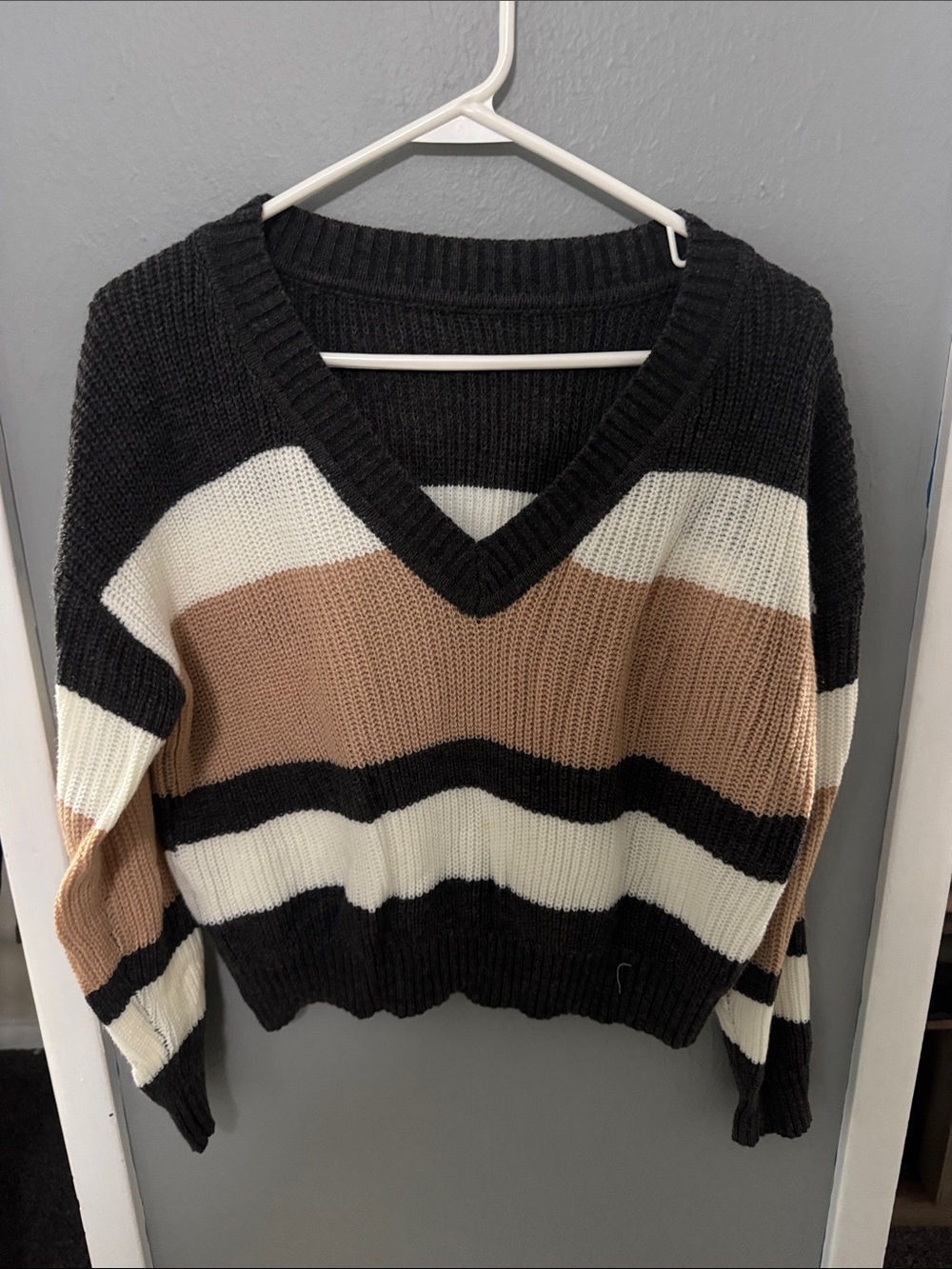 SHEIN Black, Cream & Tan Striped V-Neck Sweater